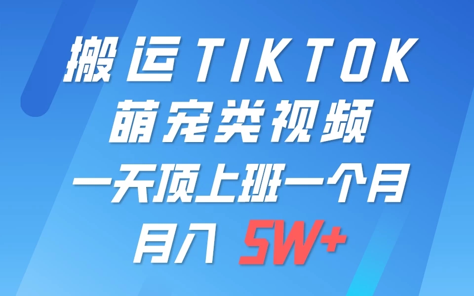 搬运tiktok萌宠视频，一部手机可做，项目长期稳定，月入5W+